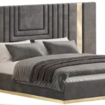 Cama Tapizada Madlen Queen - Gris y Dorado