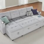 Sofá Seccional Cama Martina + Baúl + Porta vasos - Gris Claro
