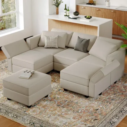 Sofá Acolchado Lexy 3 + 1 + 1 + Puff Baul - Beige